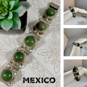 Vintage Mexican Jade & Silver Hinged Bracelet EUC
